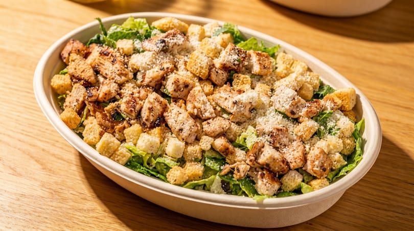 Caesar salad with grilled chicken, croutons, and parmesan cheese in a white bowl on a wooden table.