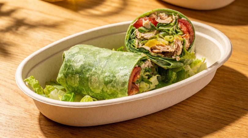 Two halves of a green wrap filled with chicken, lettuce, and tomatoes in a compostable container.