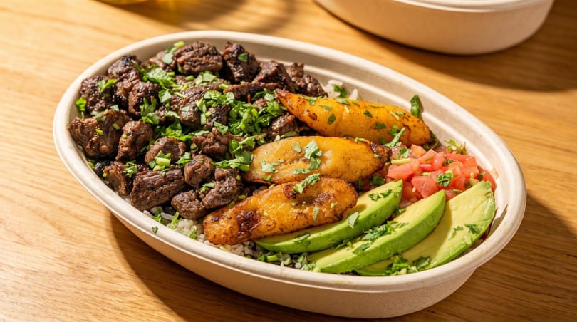 A takeout bowl filled with steak, plantains, avocado slices, and diced tomatoes on a wooden table.